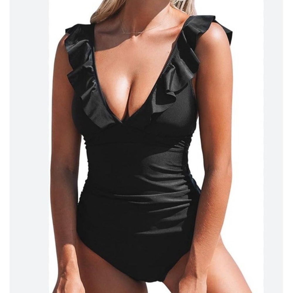 Cupshe Womens One Piece Swimsuit XL Black Deep V Plunge Rffle Neck Sexy Slimming